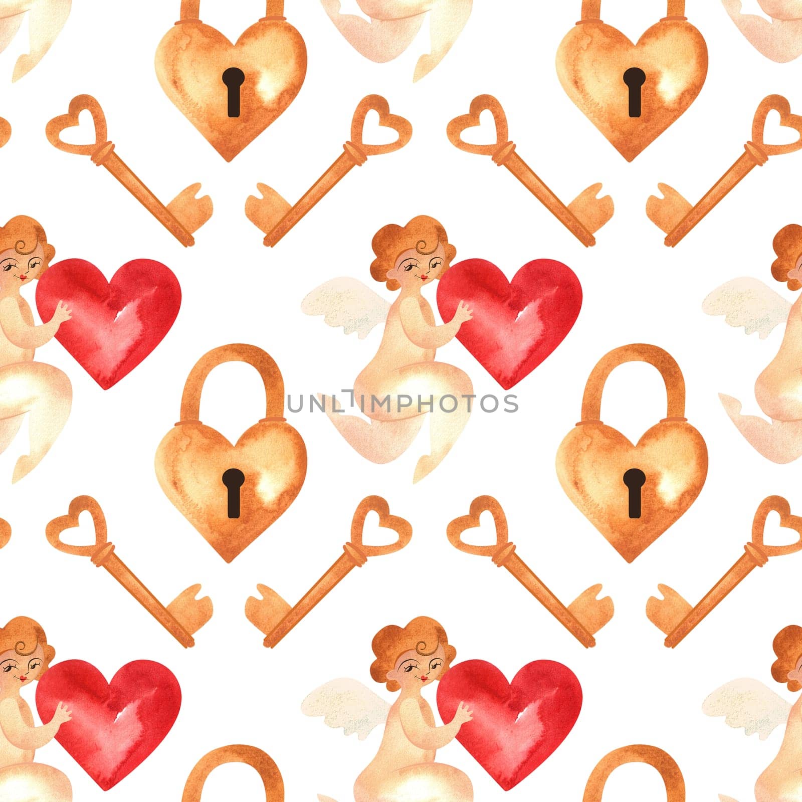 Seamless pattern with cupids, heart-shaped locks and keys. Watercolor illustration. Wrapping paper for wedding and Valentine's Day. Vintage style