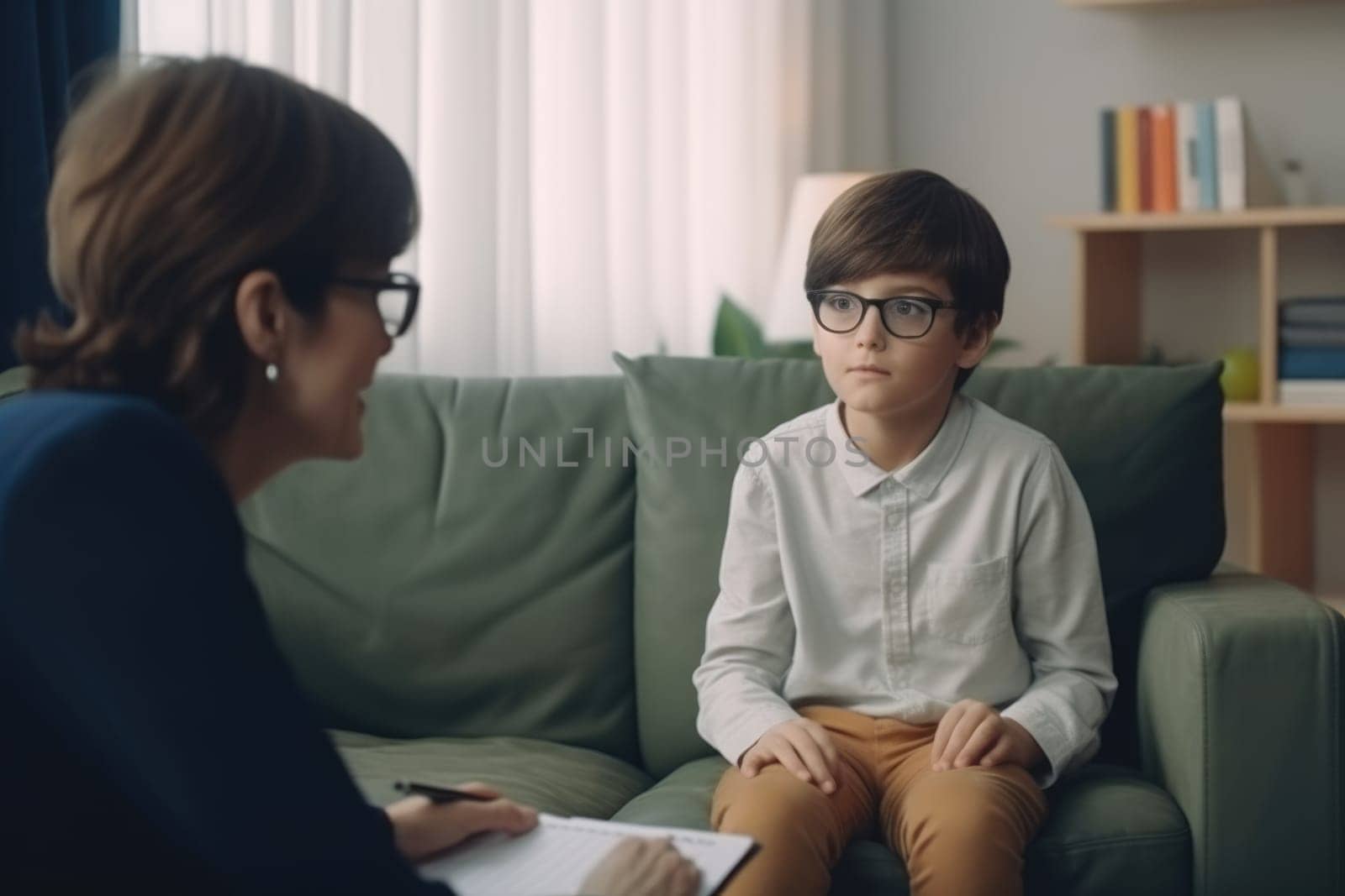 Female psychologist consulting a little boy . AI Generated by Desperada
