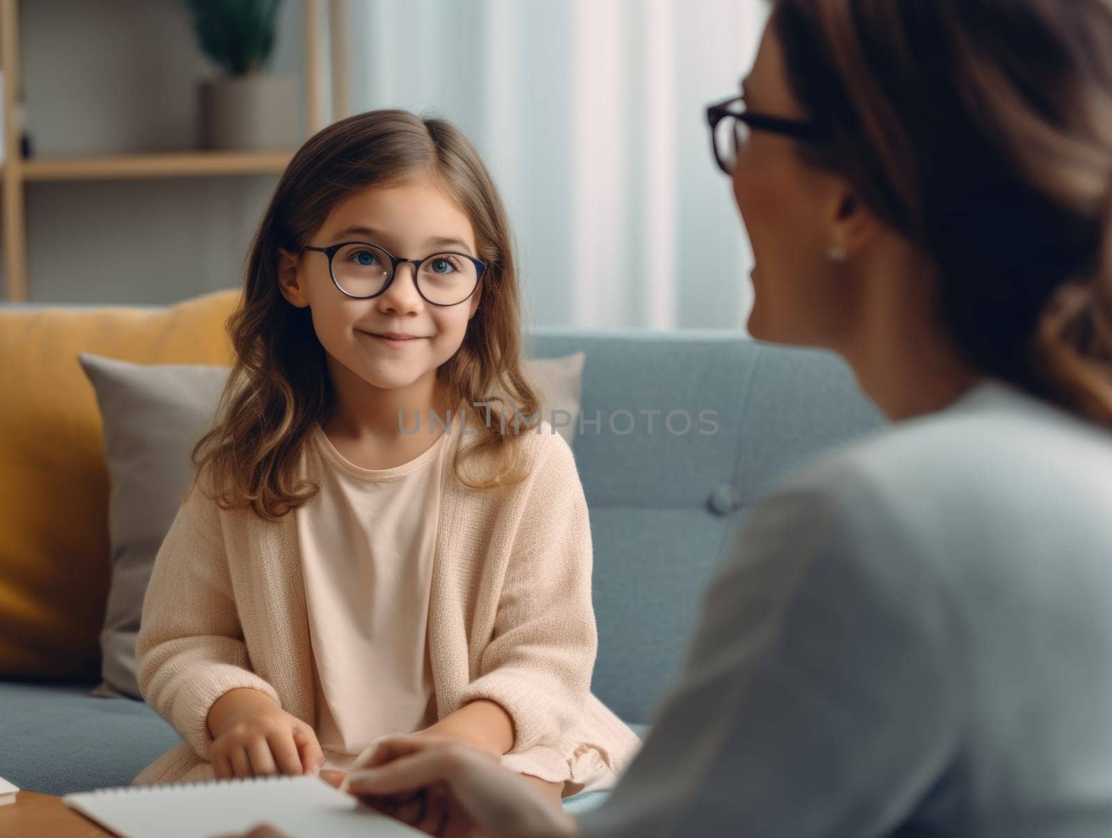 Counseling therapist listening to little girl sharing school news. Female psychologist consulting a little girl. AI Generated
