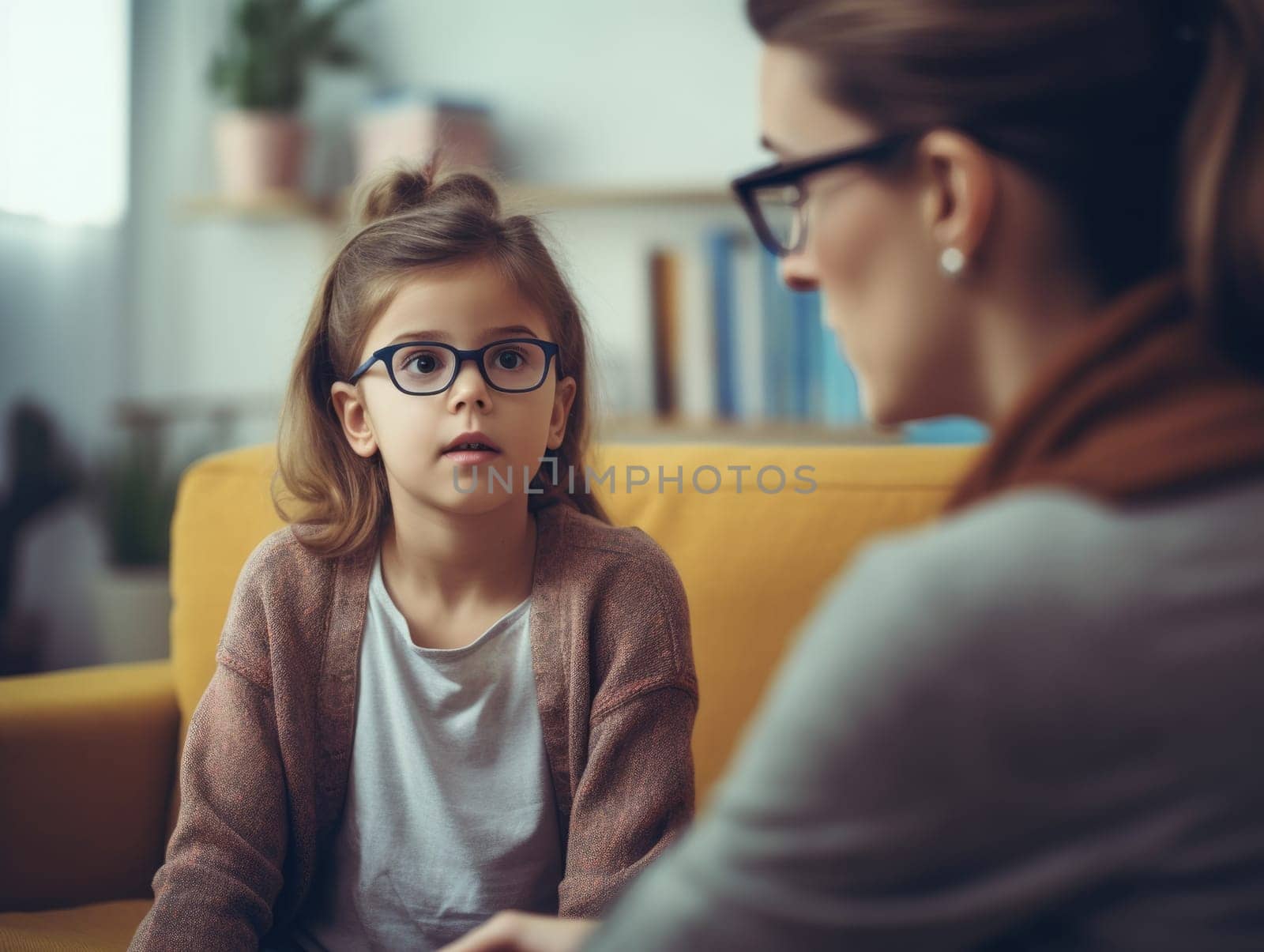 Female psychologist consulting a little girl. AI Generated by Desperada