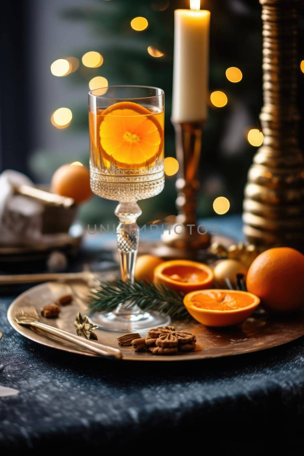 christmas table with glass of cocktail with champagne, blurred christmas tree on background. AI Generated by Desperada