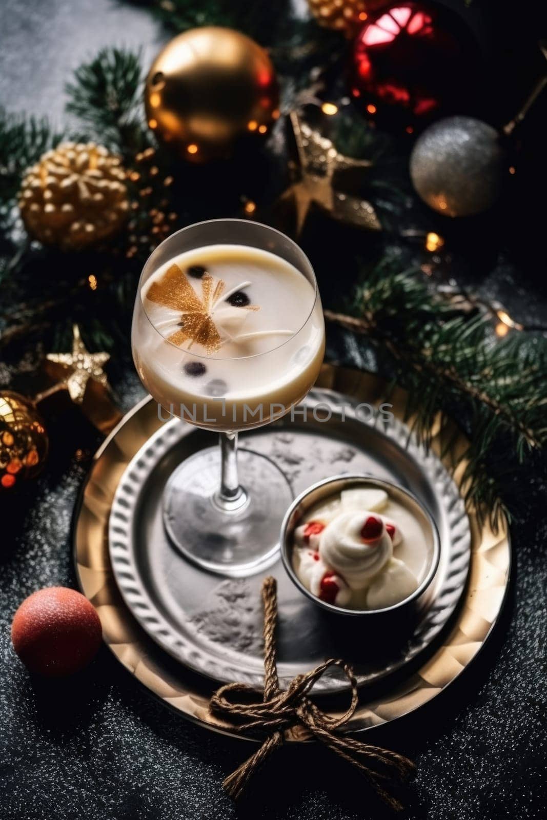 High angle of christmas table with glass of cocktail with champagne, blurred christmas tree on background. AI Generated