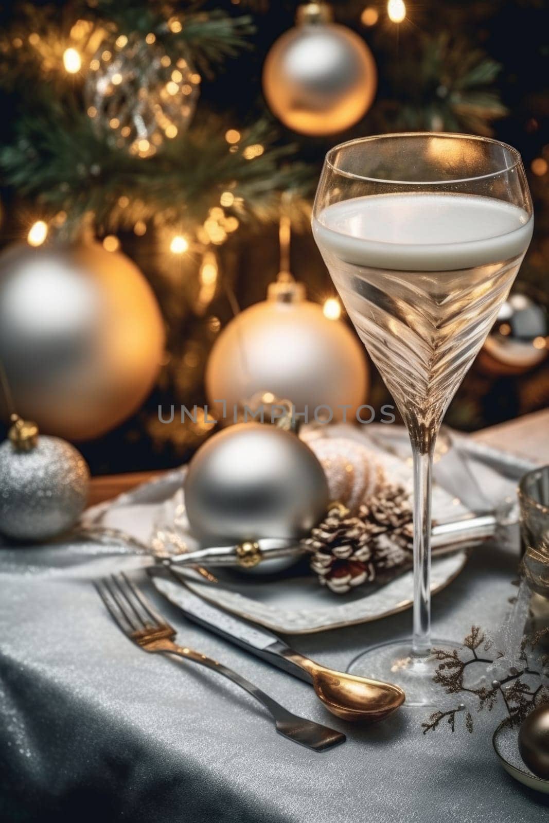 High angle of christmas table with glass of cocktail with champagne, blurred christmas tree on background. AI Generated