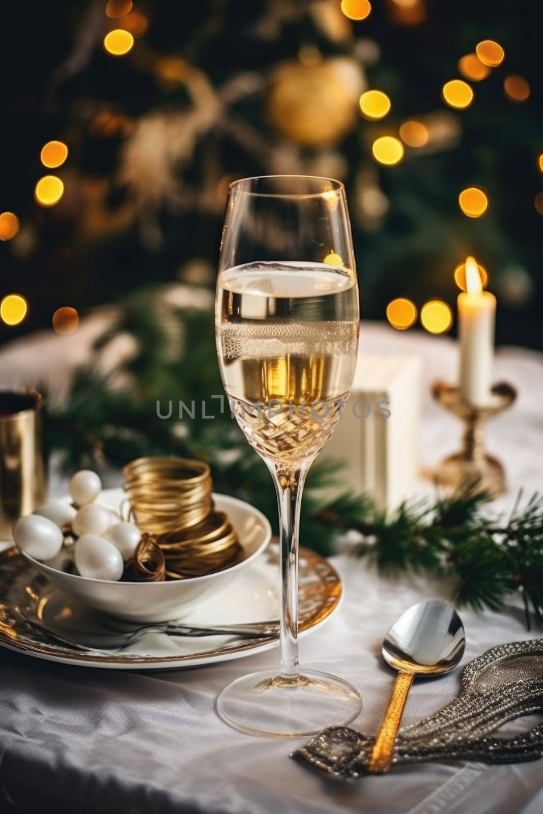 table with glass of cocktail with champagne, blurred christmas tree on background. AI Generated by Desperada