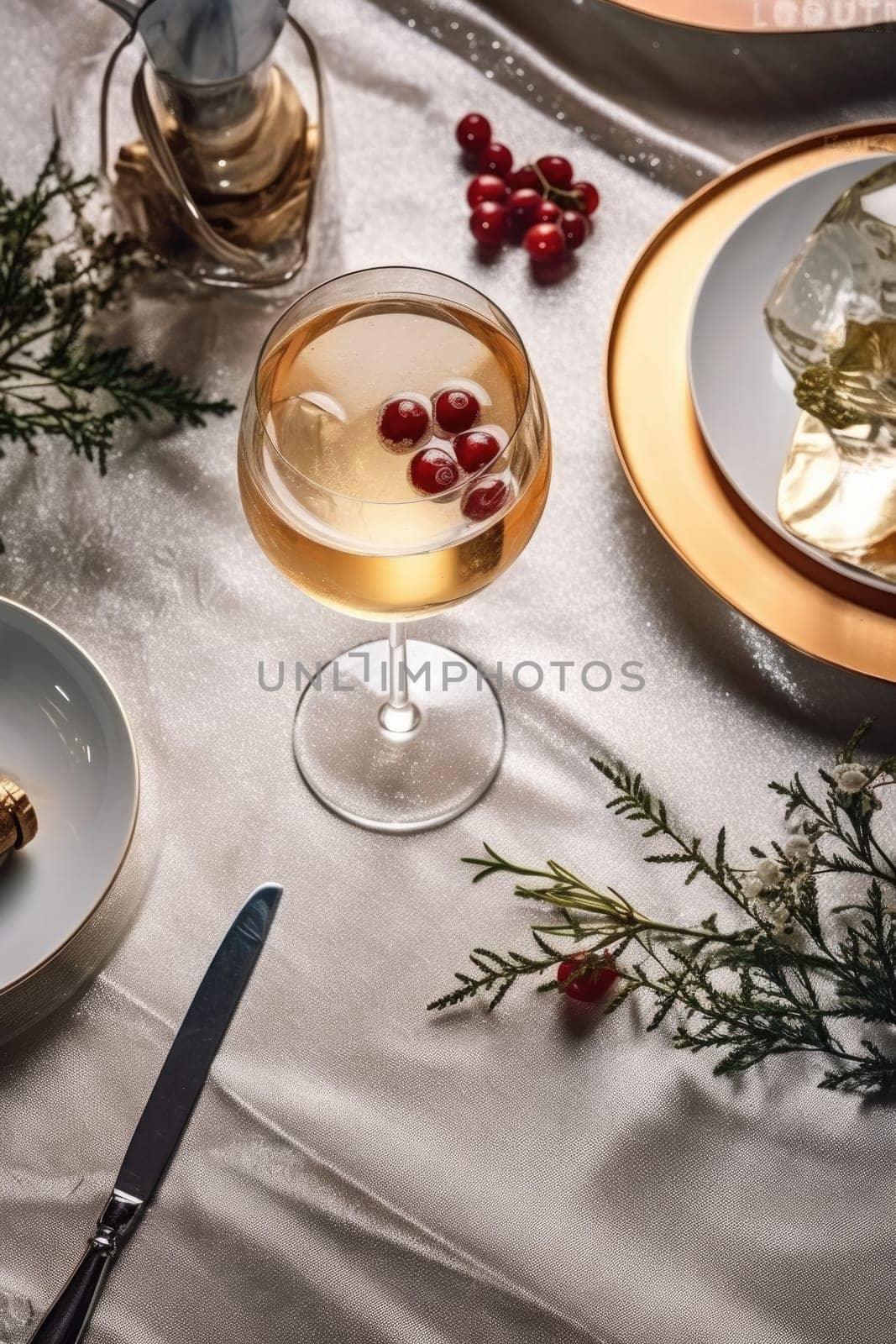 High angle of christmas table with glass of cocktail with champagne, blurred christmas tree on background. AI Generated