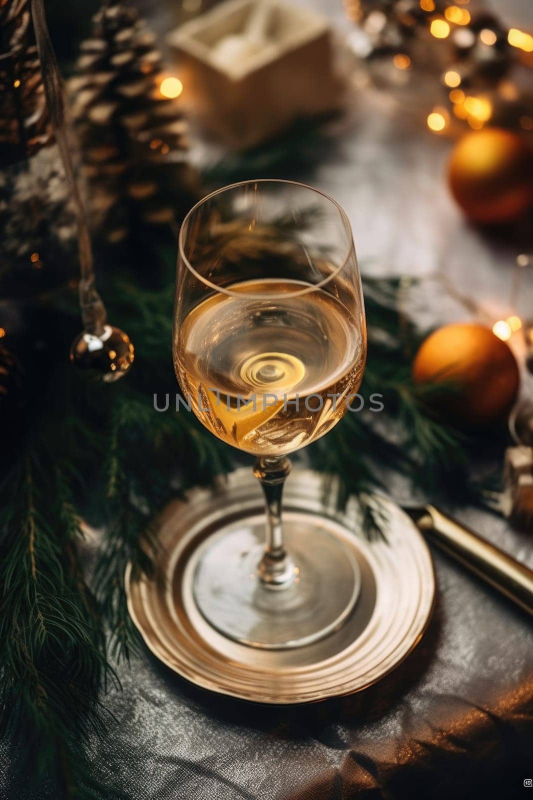 High angle of christmas table with glass of cocktail with champagne, blurred christmas tree on background. AI Generated