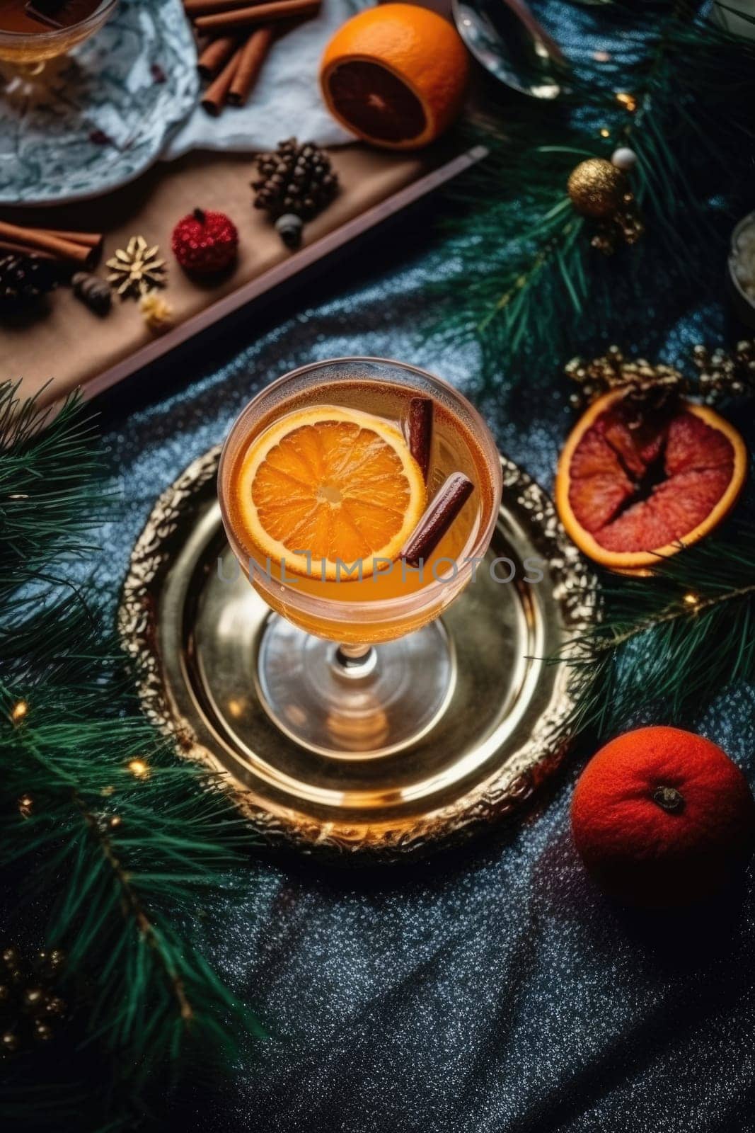 High angle of christmas table with glass of cocktail with champagne, blurred christmas tree on background. AI Generated