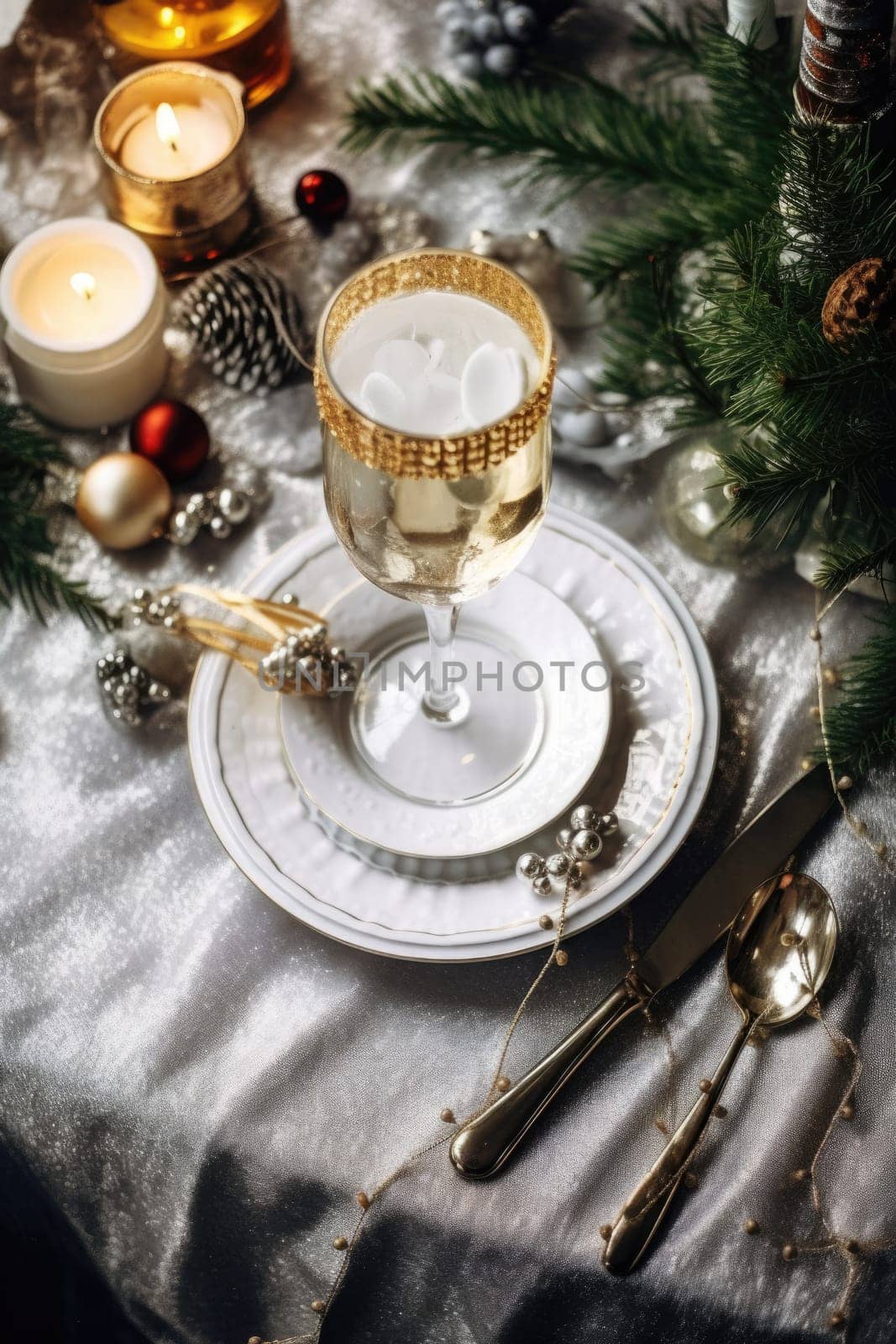 High angle of christmas table with glass of cocktail with champagne, blurred christmas tree on background. AI Generated