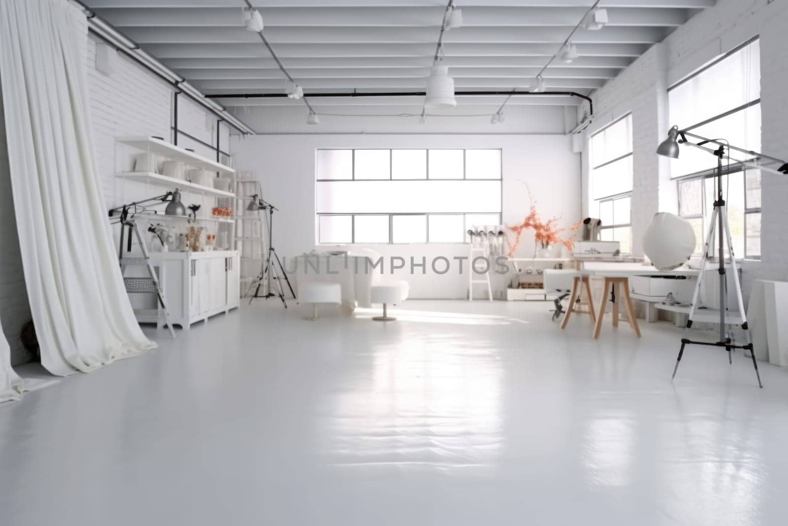 Photo studio interior with professional equipment and workplace in white colors. AI Generated by Desperada