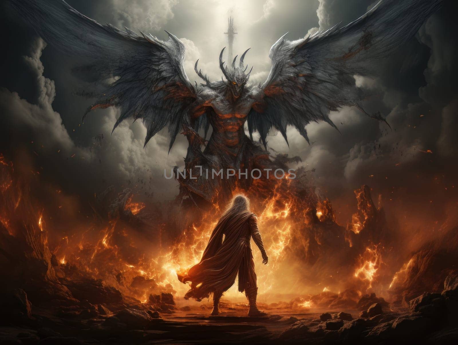 Confrontation between angel and demon, good and evil, Christian oil painting. AI by but_photo