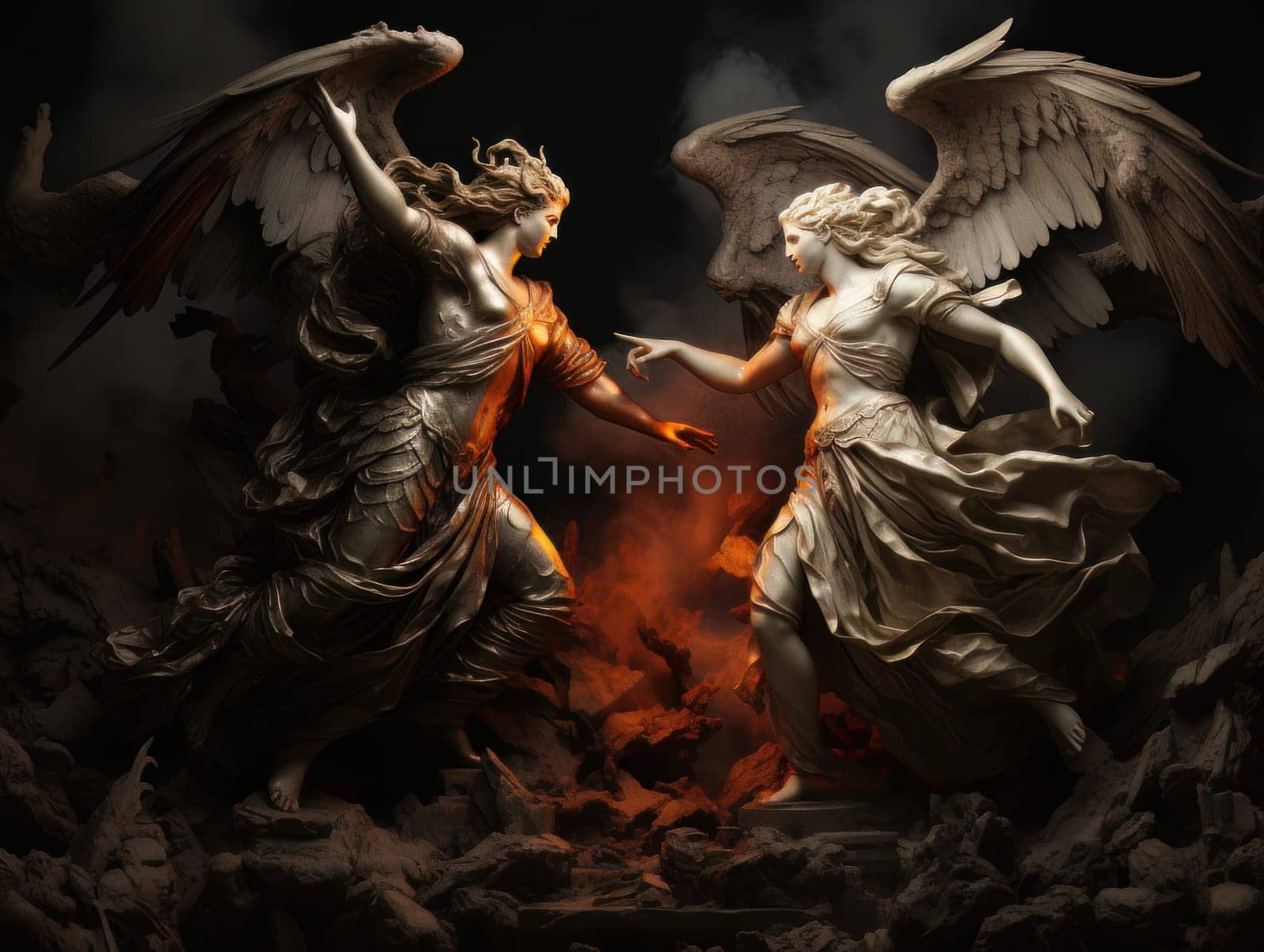 Confrontation between angel and demon, good and evil, Christian oil painting. AI by but_photo