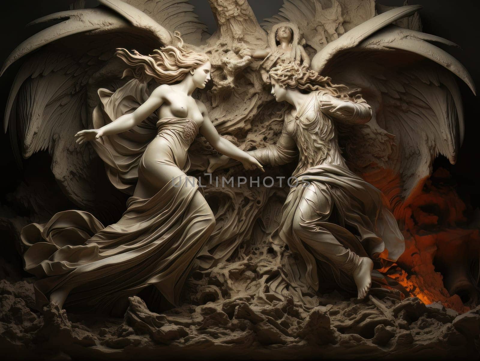 Confrontation between angel and demon, good and evil, Christian oil painting. AI by but_photo