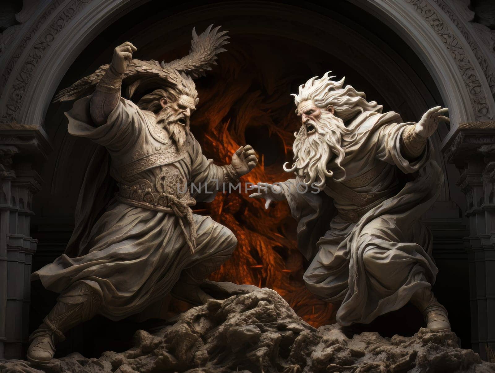 Confrontation between angel and demon, good and evil, Christian oil painting. AI by but_photo