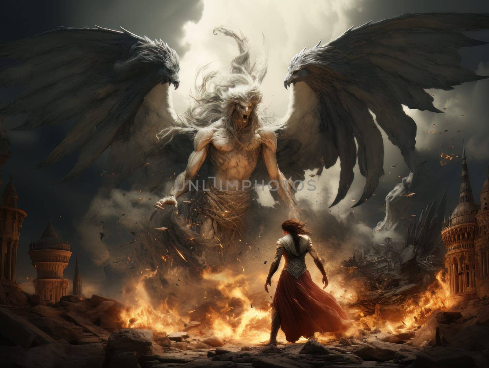 Confrontation between angel and demon, good and evil, Christian oil painting. AI by but_photo