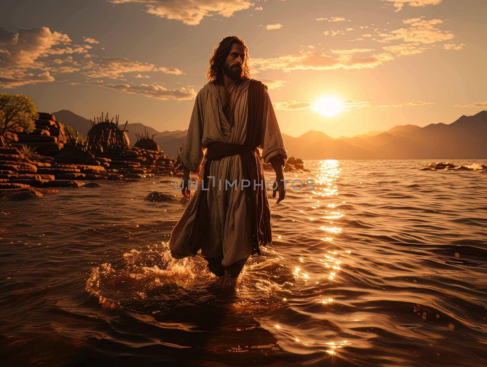 Jesus Christ walks on water. Symbol of Christian miracle. Biblical religious concept AI