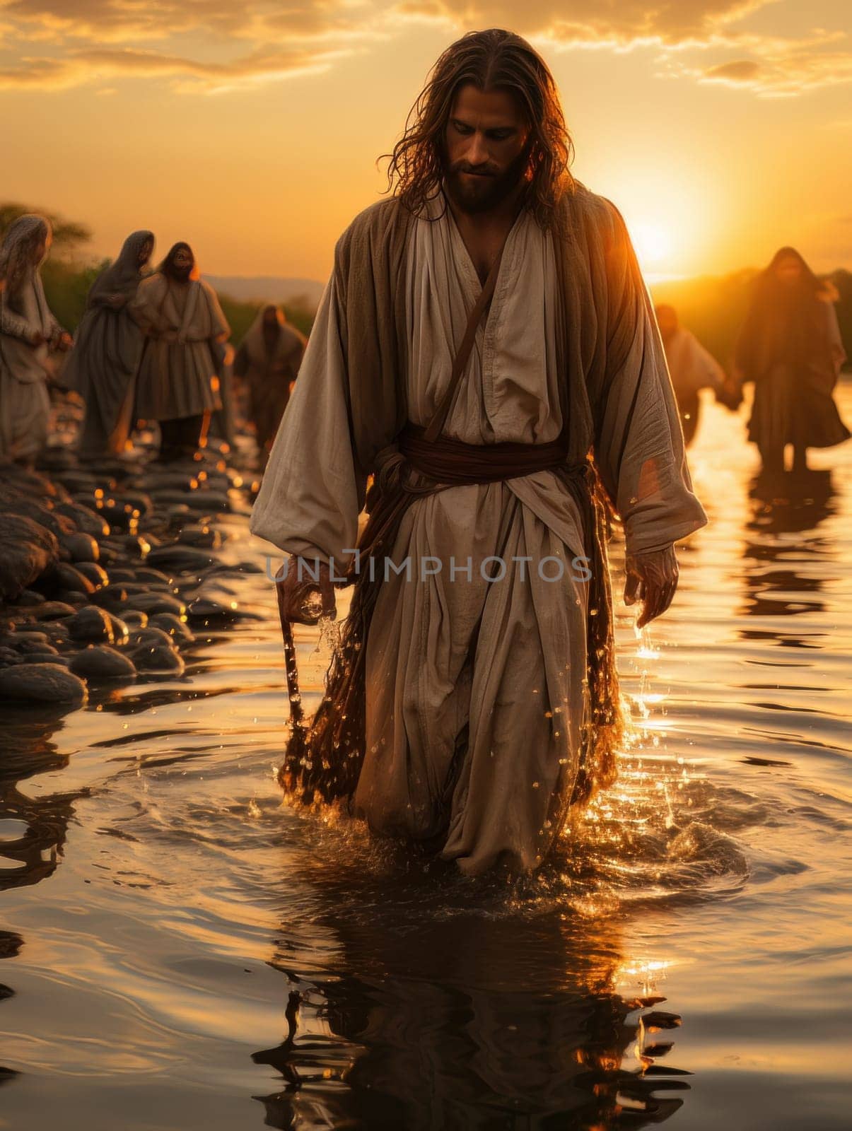 Jesus Christ walks on water. Symbol of Christian miracle. Biblical religious concept AI