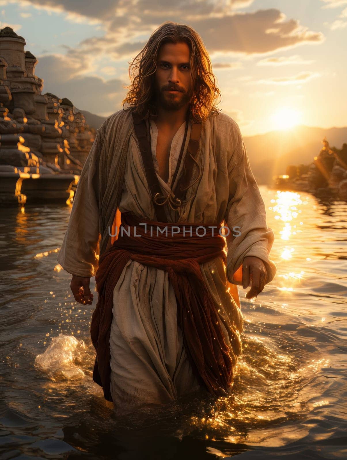 Jesus Christ walks on water. Symbol of Christian miracle. Biblical religious concept AI