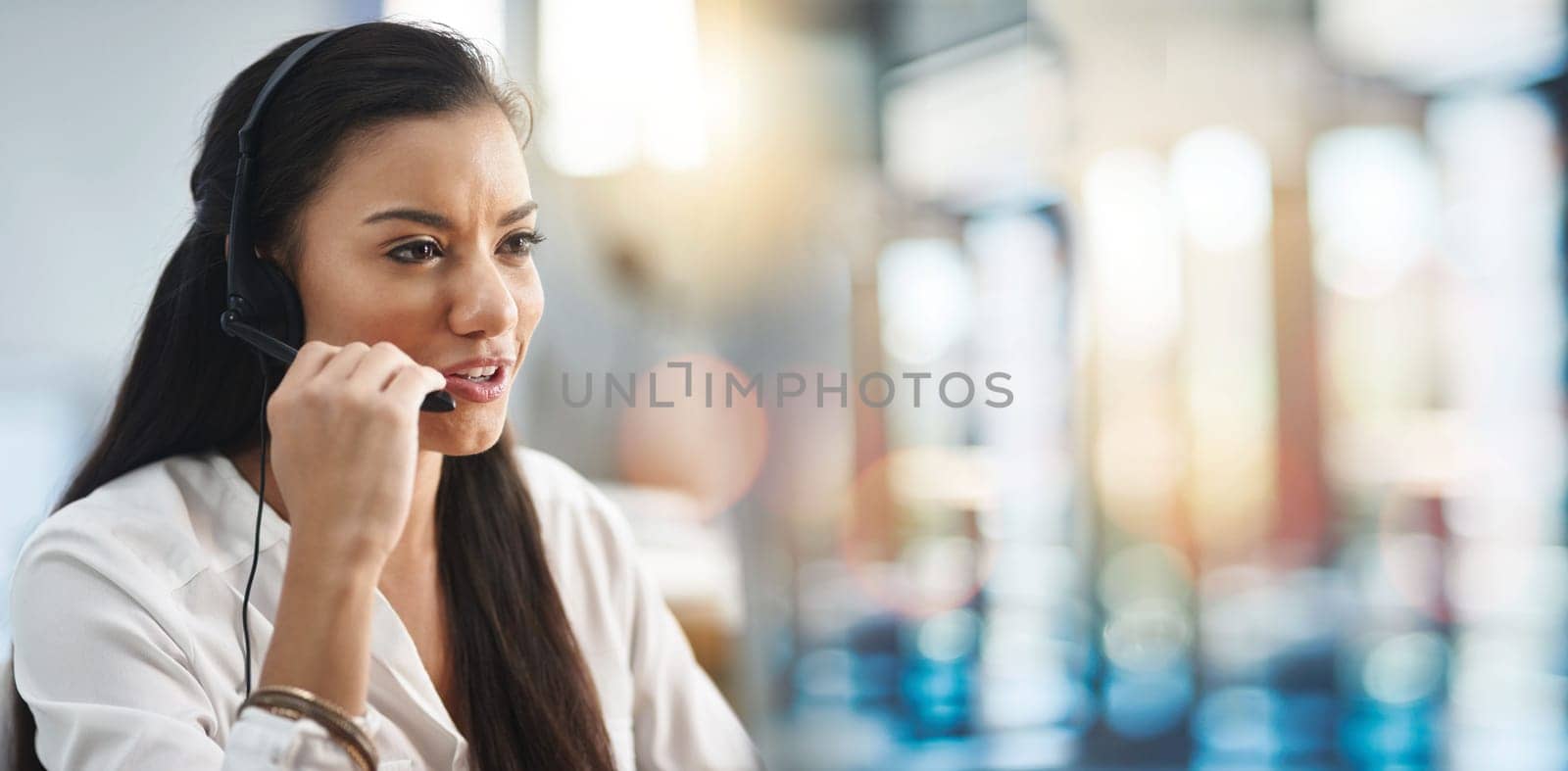 Call center, business woman and web support conversation with crm and telemarketing work in office. Mockup space, discussion and customer service with online contact us help and communication.