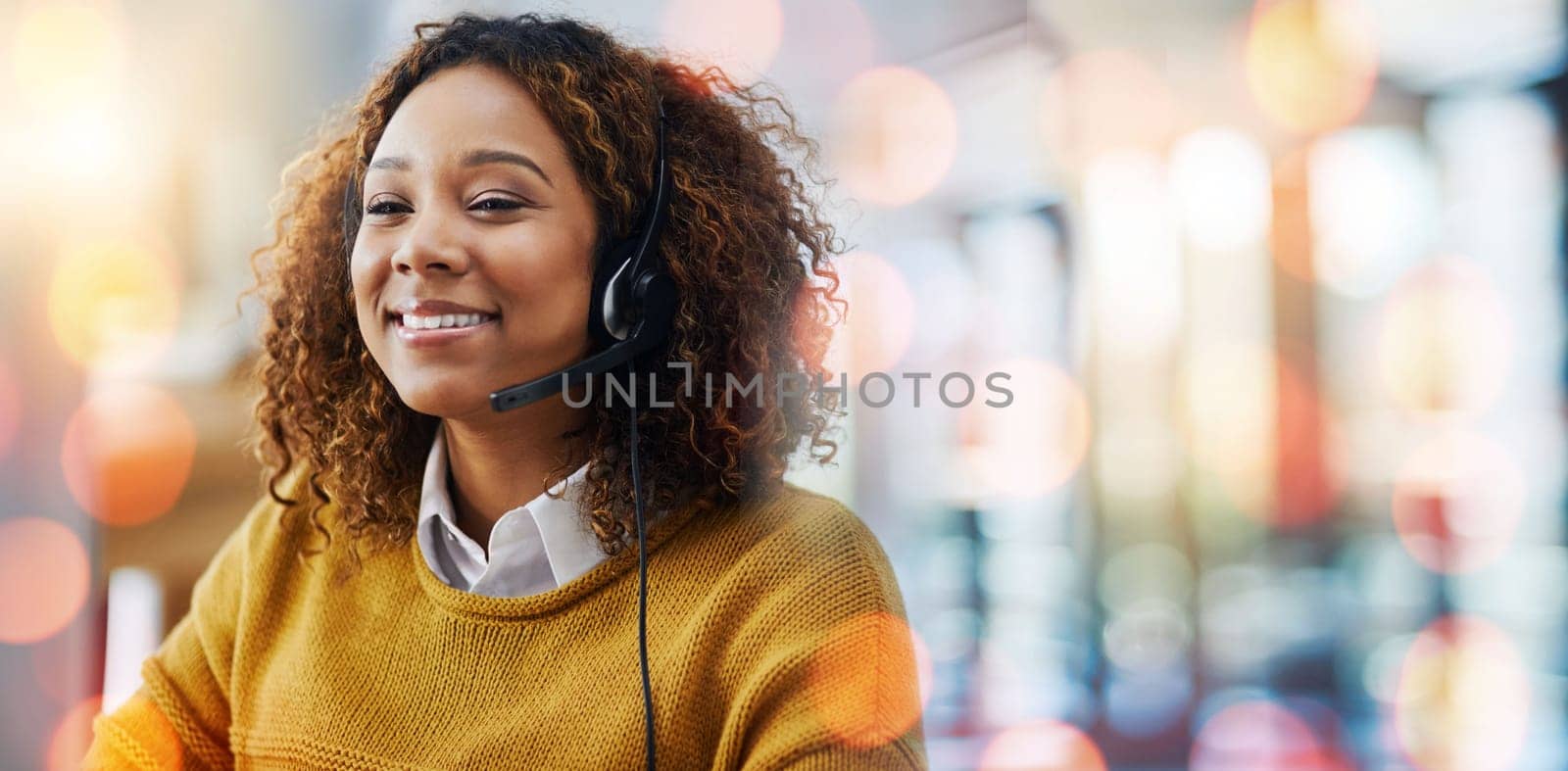 Call center, business woman and happy from web support conversation with crm and telemarketing work in office. Mockup space, discussion and customer service with contact us help and communication by YuriArcurs