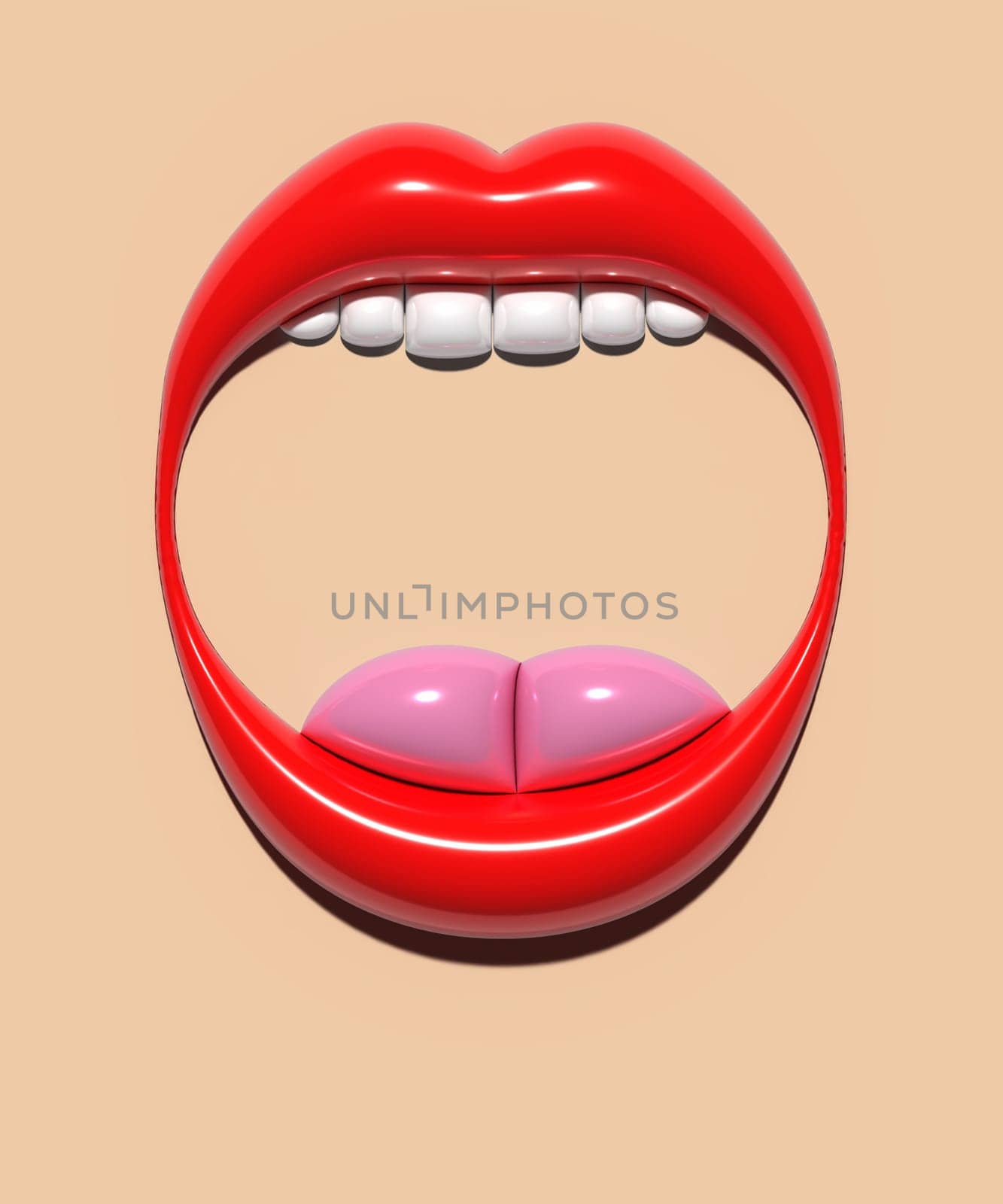 Open mouth with red lips and white teeth, screaming. 3D rendering illustration