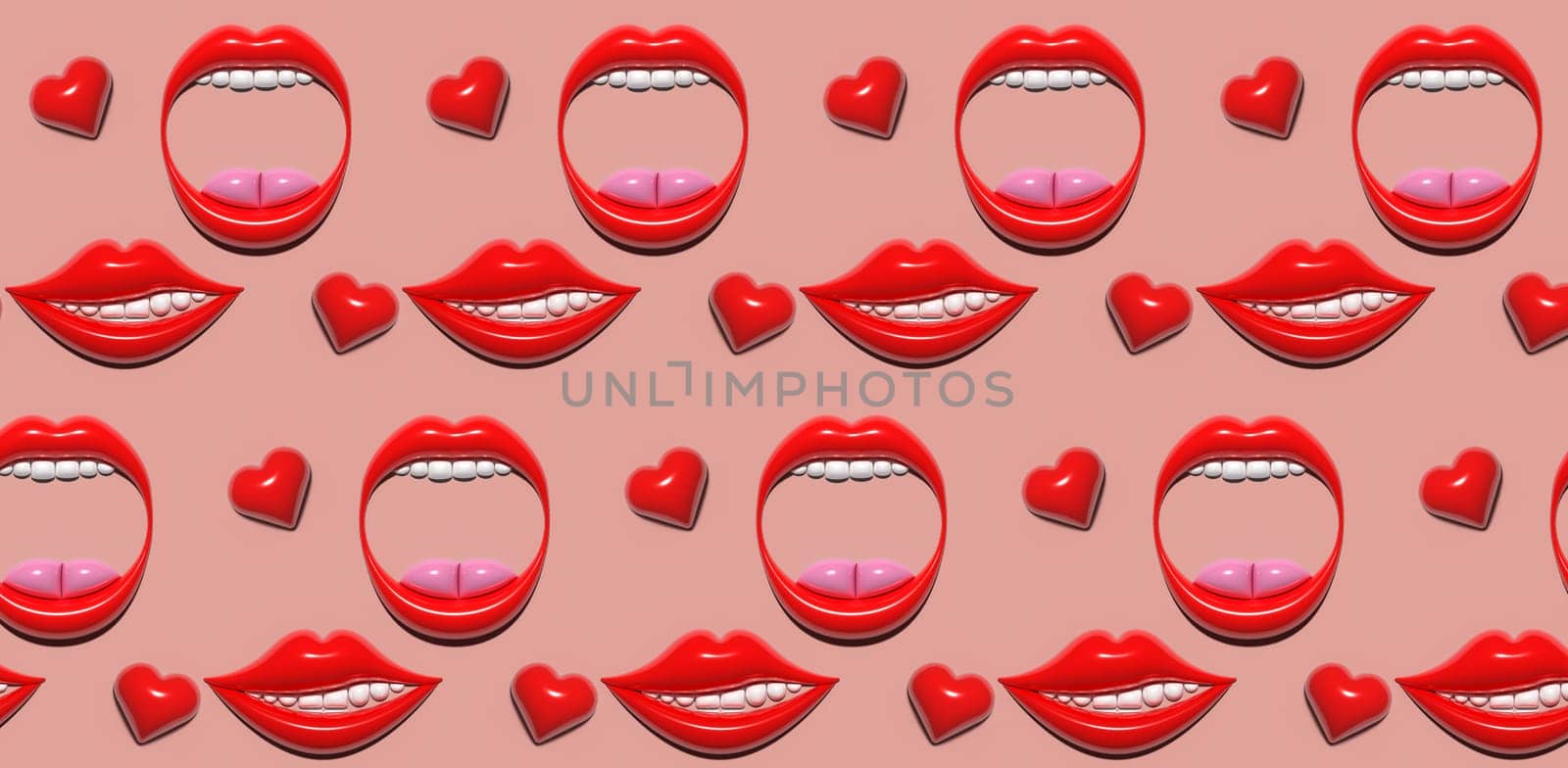 Smile, open mouth with red lips and white teeth and hearts on a pink background, tsor. 3D rendering illustration