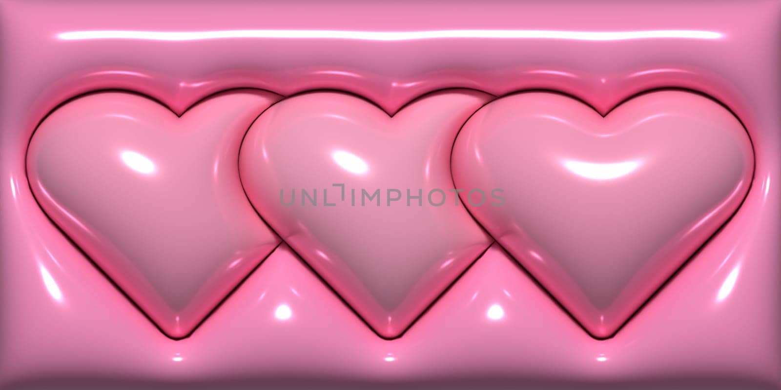 Three pink inflated hearts on a pink background, 3D rendering illustration