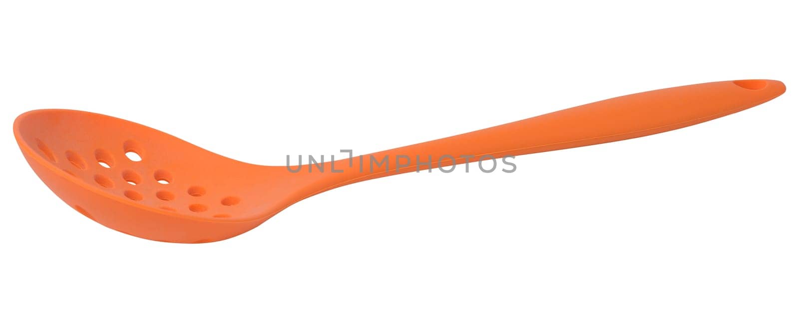 Orange plastic kitchen slotted spoon on white isolated background