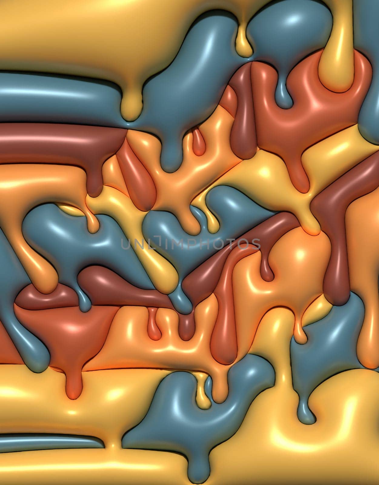 Flowing multi-colored layers with smudges and drops, 3D rendering illustration