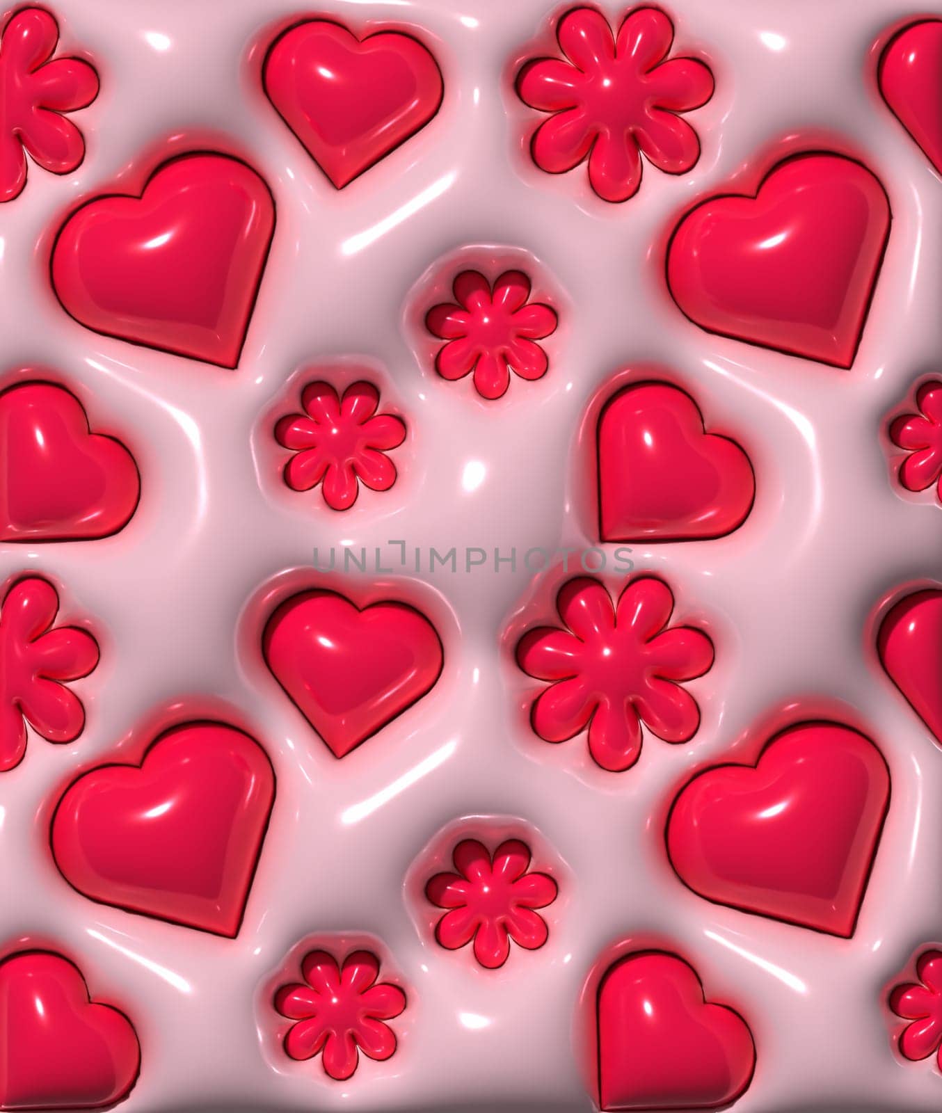 Red hearts and flowers on a pink background, No. D rendering illustration by ndanko