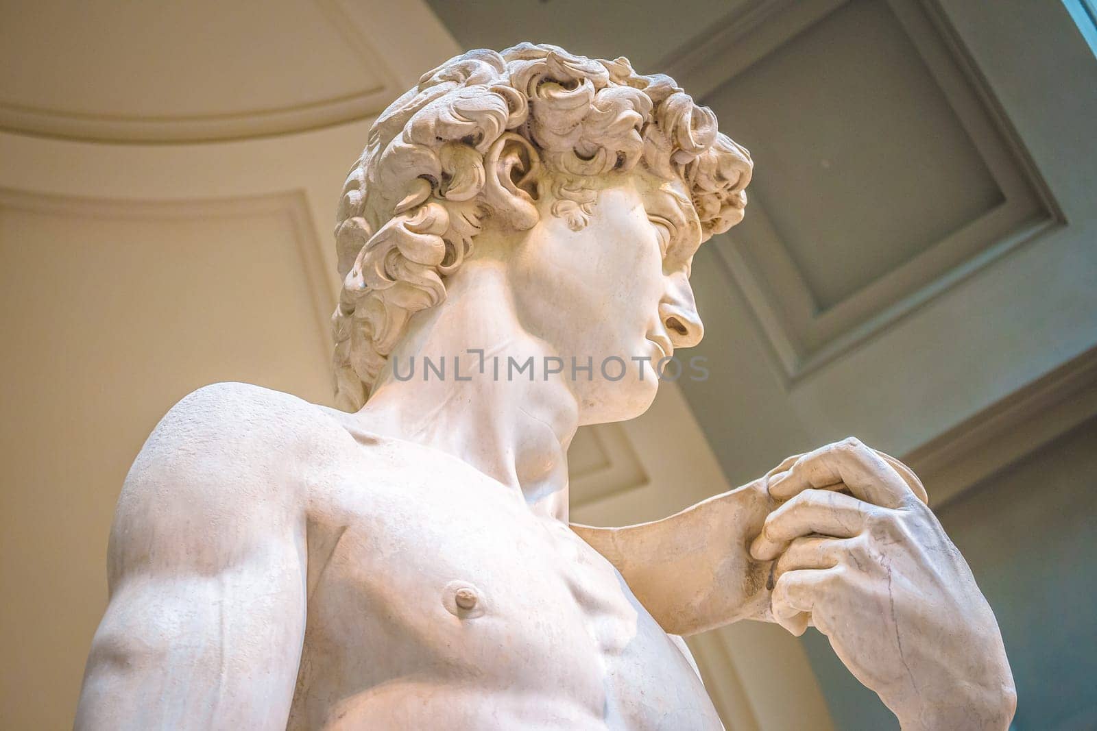 Florence, Tuscany, Italy July 18 2018: Head detail of Statue of David, completed by Michelangelo Buonarroti in 1504, is one of the most renowned works of the Renaissance, and most famous sculpture in the world. Original statue situated in Florence Accademia in Italy