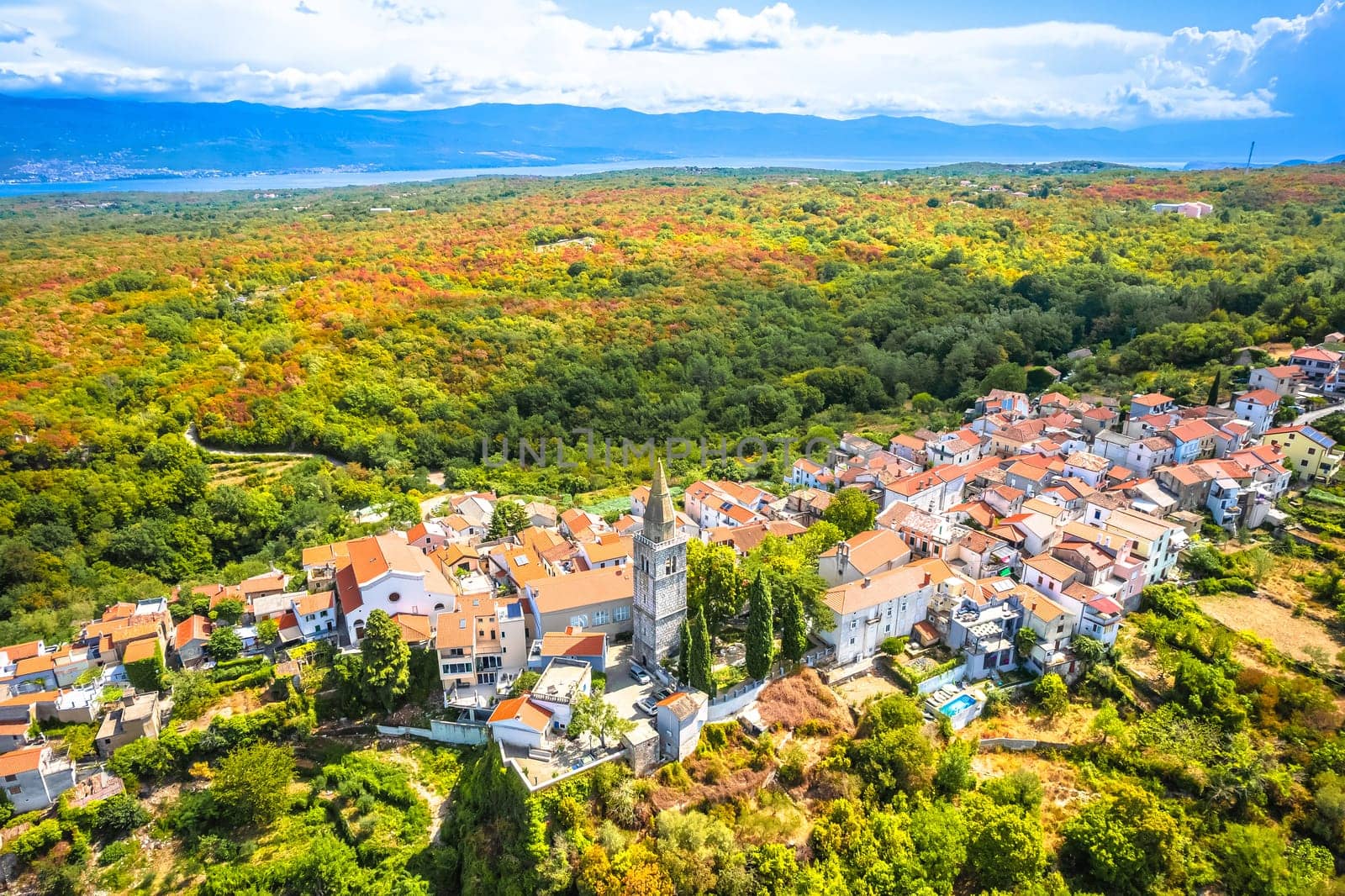 Historic town of Dobrinj aerial panoramic view, Island of Krk, Kvarner Gulf of Croatia