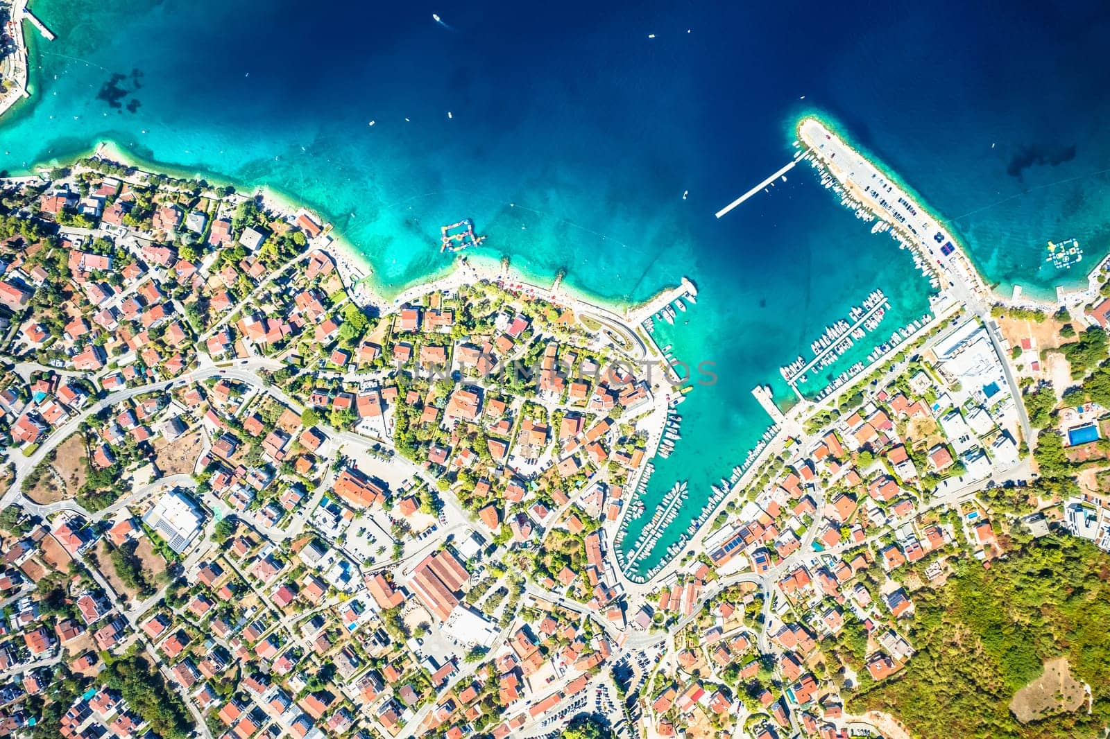 Aerial panoramic view of Malinska bay on Krk island, summer destination in Kvarner Gulf of Croatia