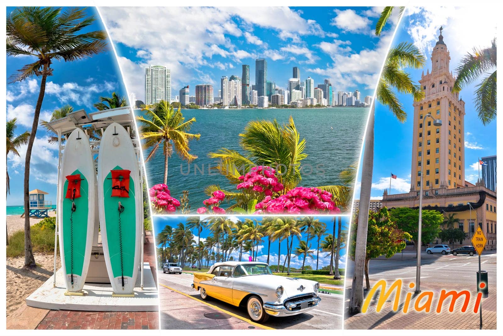 City of Miami landmarks tourist postcard view with label, Florida state, United states of America