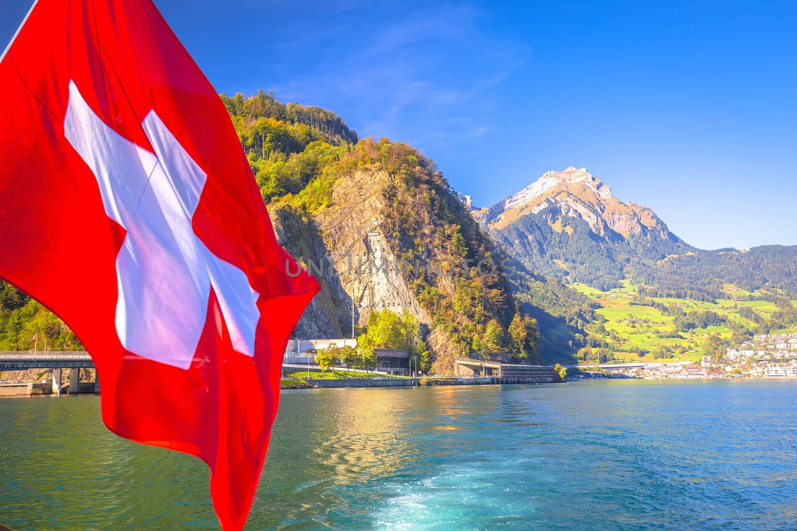 Lake Luzern and town waterfront with Pilatus mountain view by xbrchx