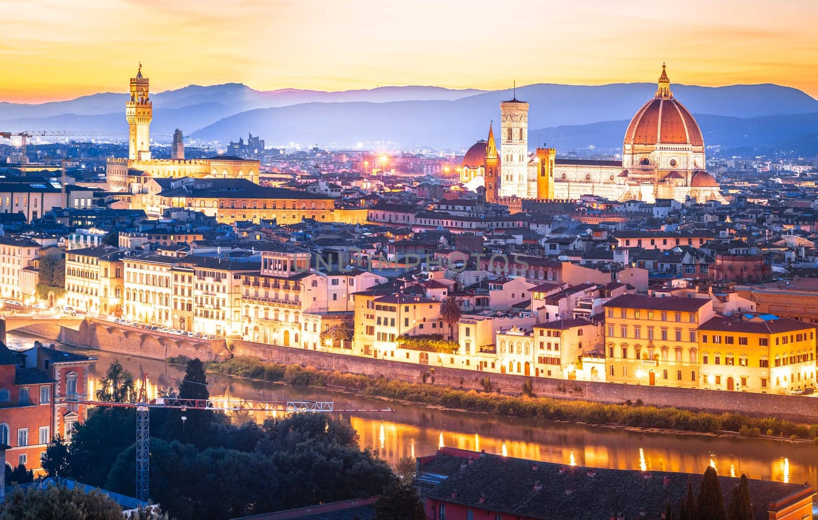 Florence Duomo and cityscape panoramic evening sunset view, Tuscany region of Italy