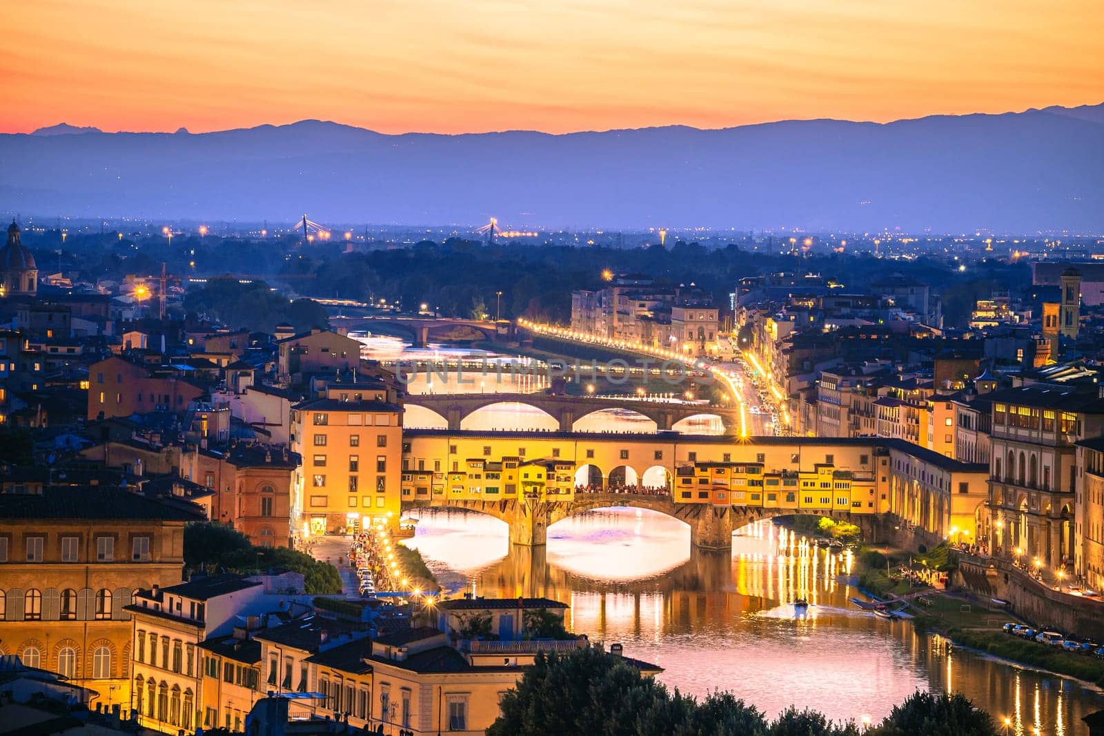 Florence cityscape and Arno river bridges sunset view, Ponte Vecchio by xbrchx