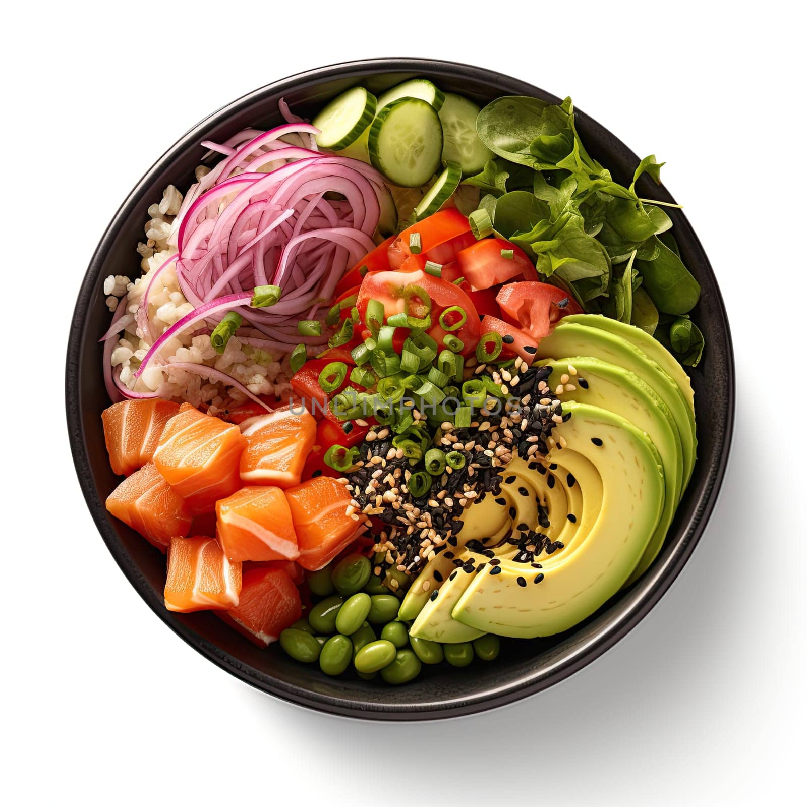 poke bowl with salmon isolated on white background. top view.