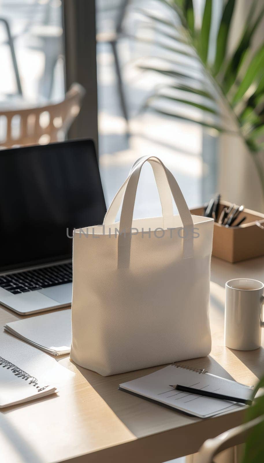 A stylish, minimalist tote bag sits on a modern office desk alongside a laptop, coffee mug, notepad, and stationery. the scene exudes professionalism and functionality, ideal for those seeking an elegant yet practical office setup.
