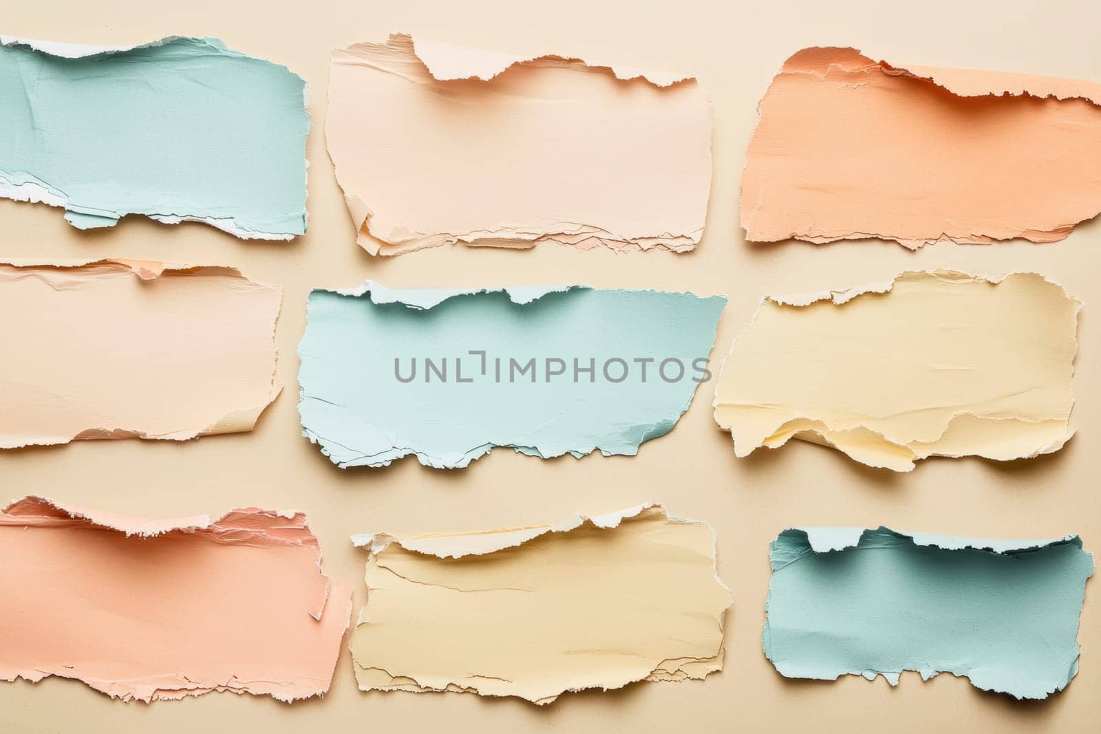 Pastel paper scraps in soft hues are arranged artistically on a beige background, creating a visually appealing flat lay. ideal for lifestyle branding, marketing materials, and social media content, offering a subtle, creative aesthetic.