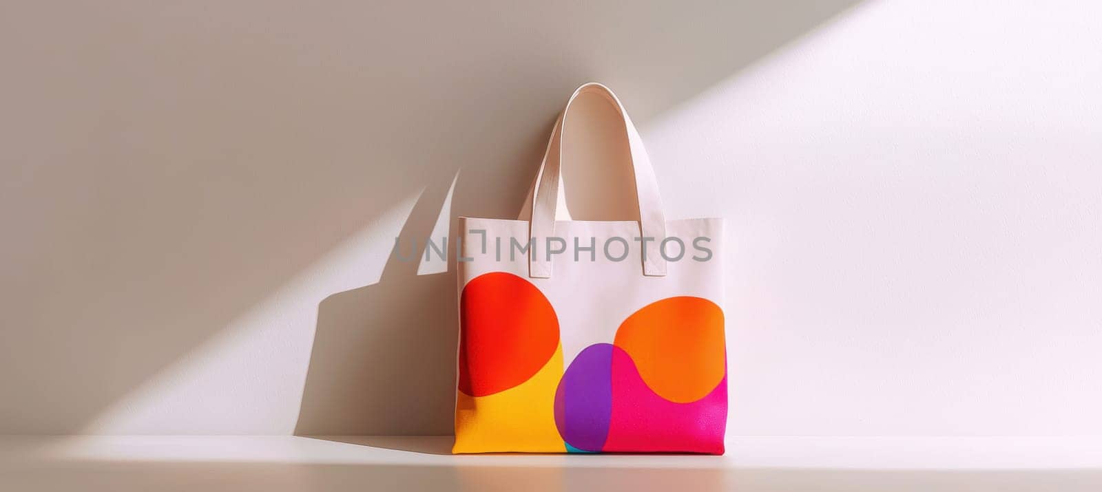 A tote bag featuring a bold and colorful logo print set against a crisp white background. the minimalist design and perfect lighting highlight the striking appeal of the branding, making it ideal for modern promotional materials.