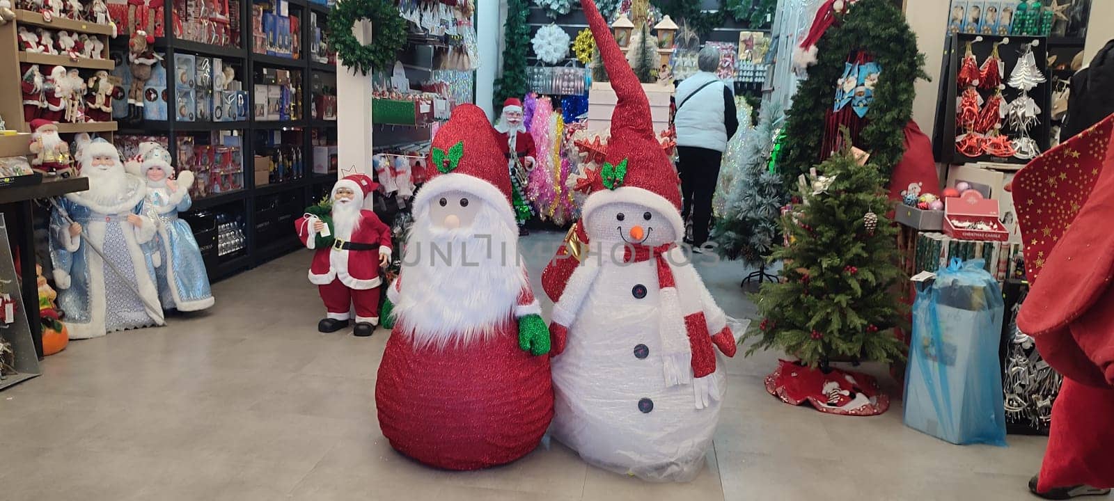 new year tree, christmas holiday green white red flower, Santa Clause,ball decor. High quality photo