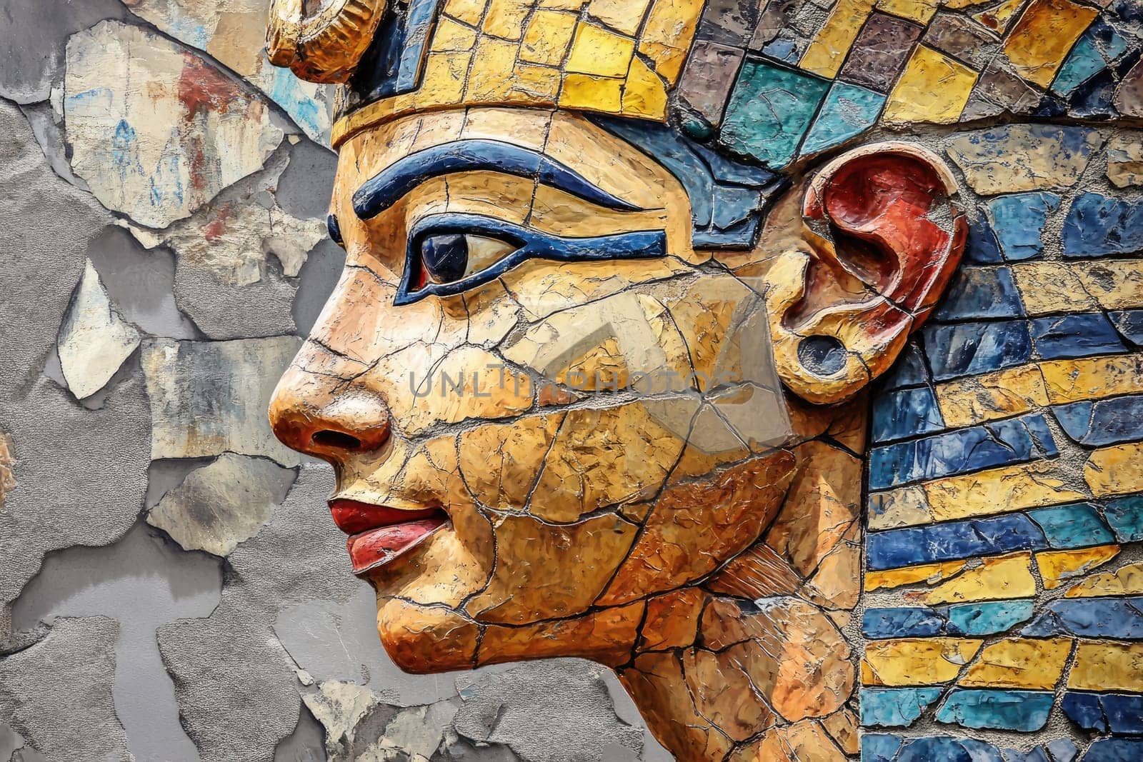 Ancient Egyptian mural: divine figure, pharaoh imagery, sacred artwork, royal icon, historical depiction, religious art, cultural heritage, hieroglyphic style, symbolic representation, regal painting