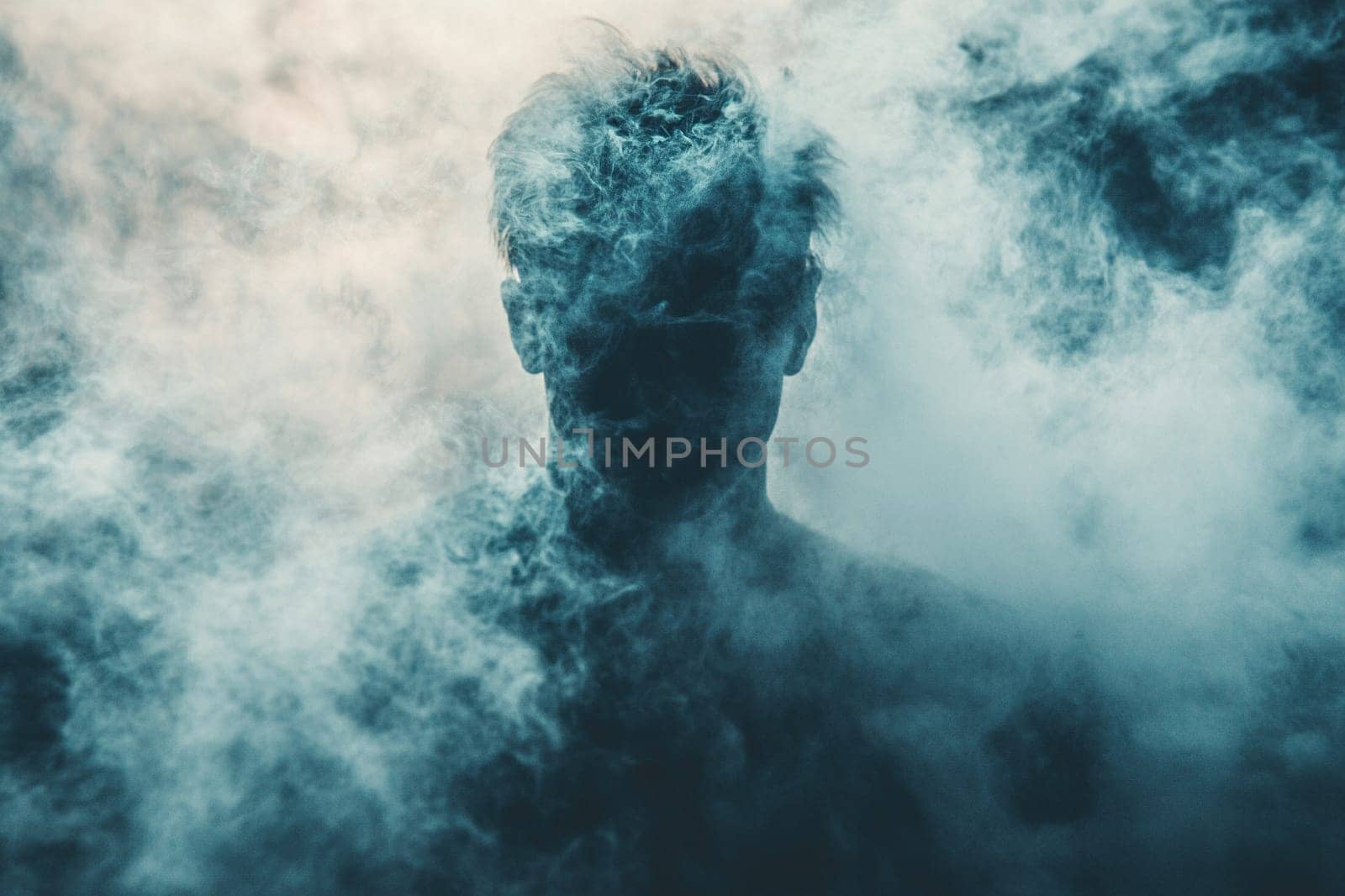 Silhouette of a man in the dark in clouds of thick smoke or fog. Concept of depression, mental health.