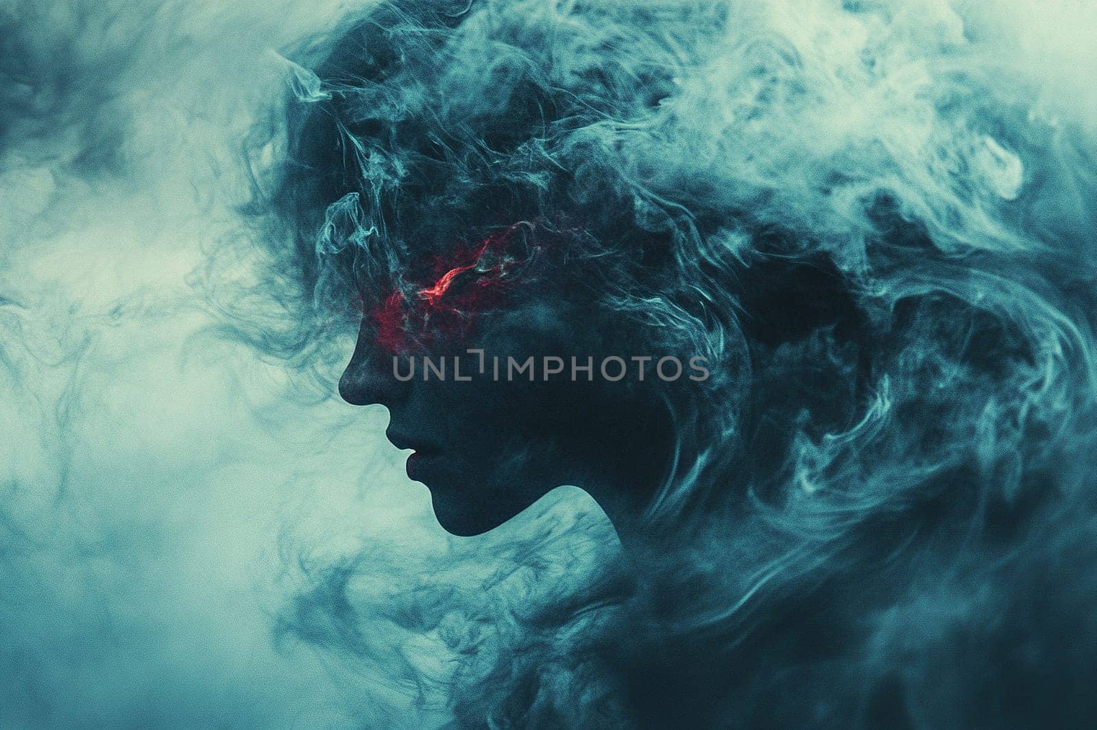 Silhouette of a woman's face in ink clouds or smoke with fiery eyes. Cyber crime concept. Mental health. Darknet.