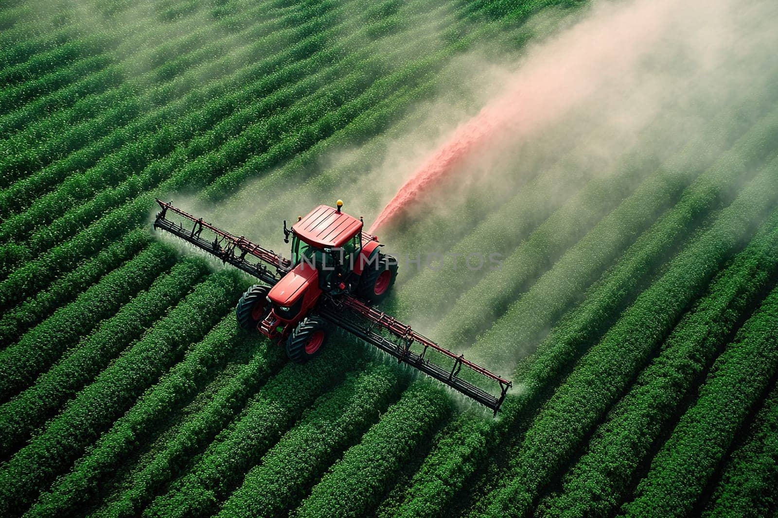Aerial view of a tractor fertilizing a cultivated agricultural field. Crop care. Field watering.