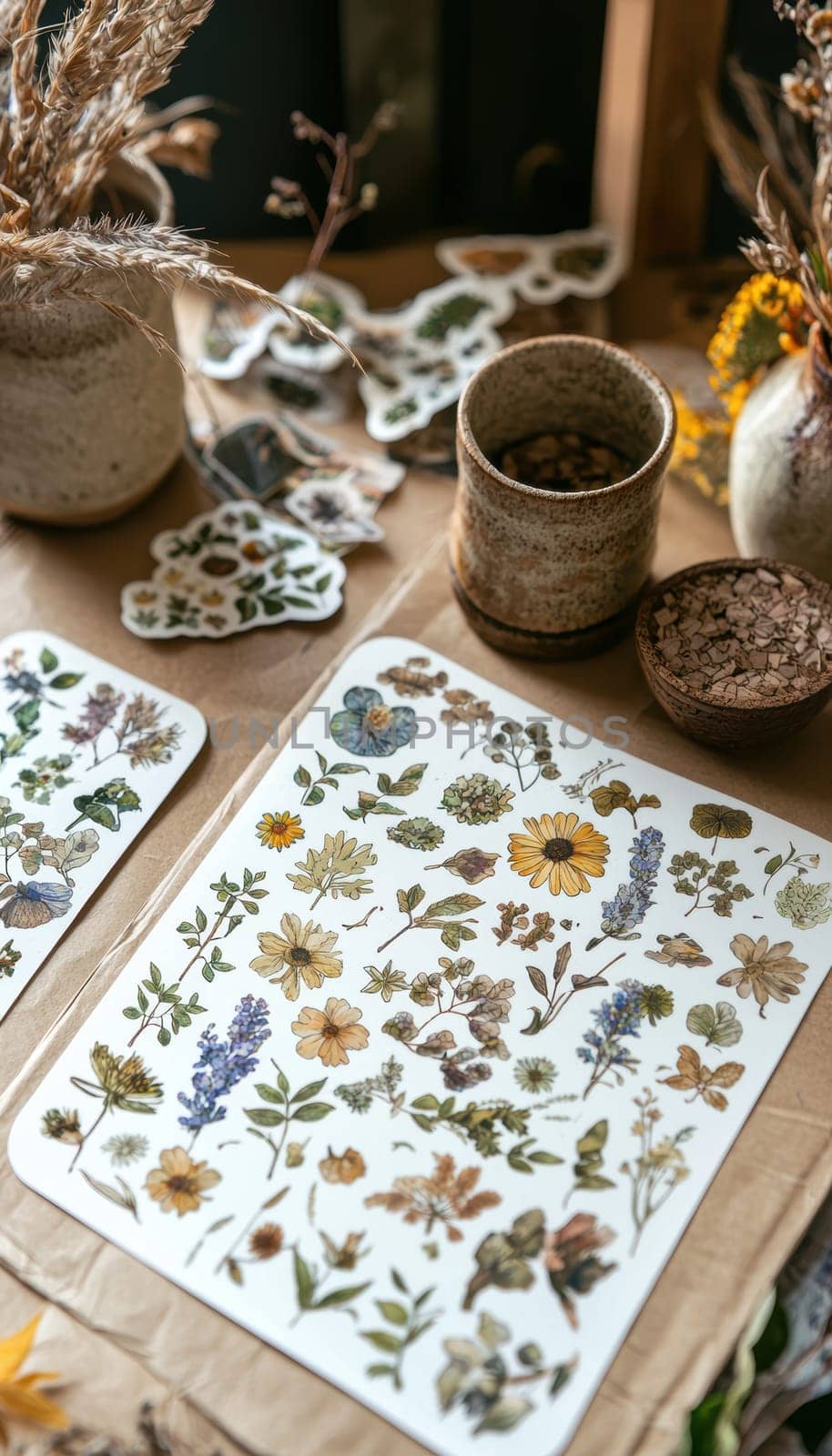 A sticker sheet featuring eco-friendly botanical and insect designs, highlighted on a kraft paper background. surrounded by natural elements and earthy tones, the scene radiates a sustainable aesthetic, ideal for environmentally conscious themes.