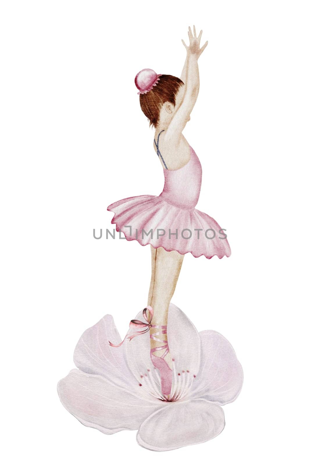 Ballet watercolor.Little Ballerina. Hand drawn incredible girl dancer in pink tutu skirt on a flower. Clip art on isolated white background of cute ballet beauty. Perfect for poster and cards, princess daughter room design. Thumbelina