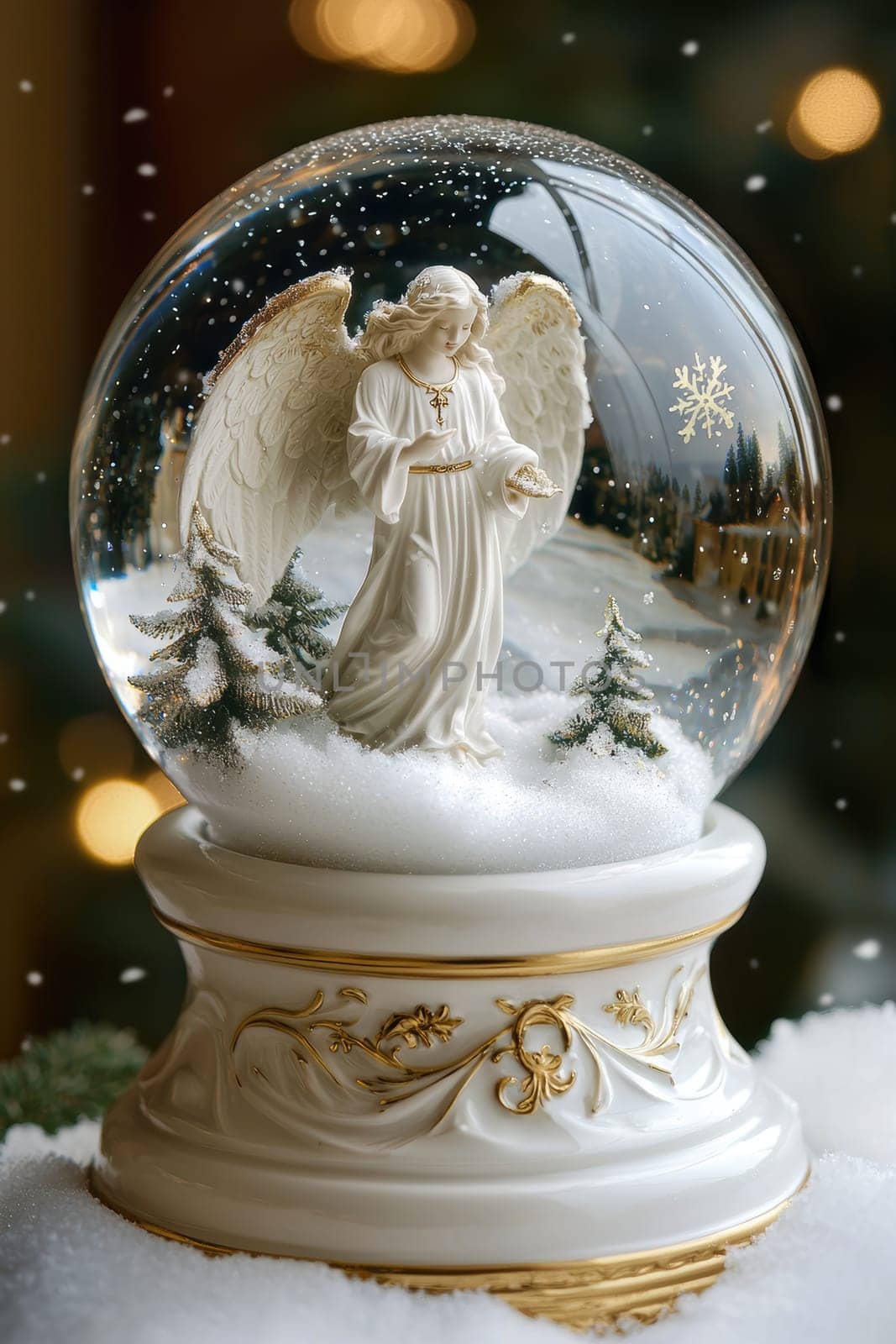 Angelic figurine in a winter-themed snow globe featuring swirling glittery snowflakes. a white porcelain base with golden halos and clouds enhances its elegance, ideal for holiday decoration or as a charming collectible piece.