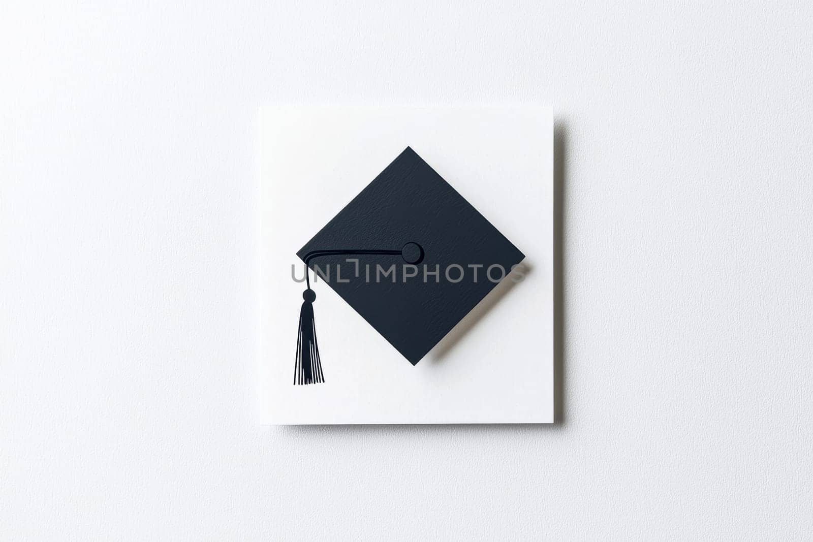 Clean and modern greeting card template featuring a simple black mortarboard illustration on a white background. the design offers a blank center, perfect for personalized graduation announcements or messages. elegant and versatile.