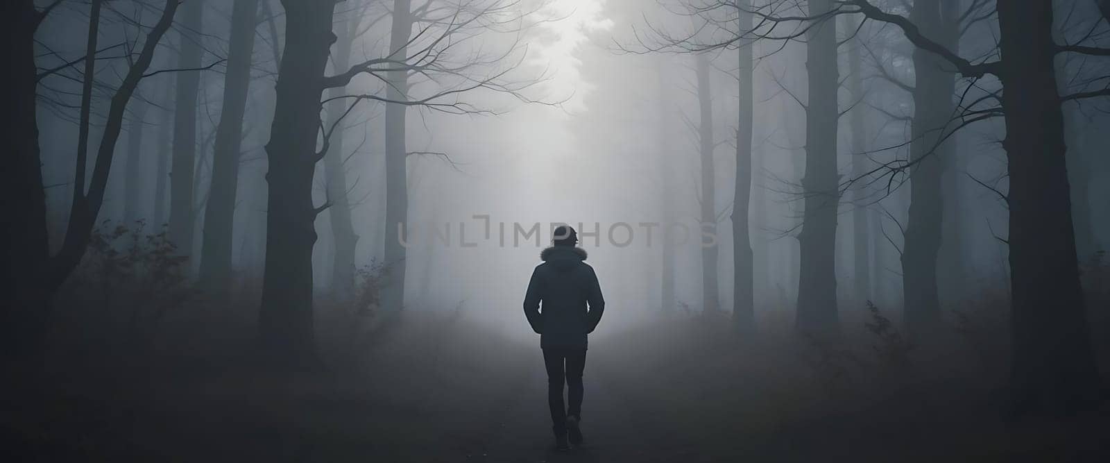 Lost in the mist, a lone figure trudges through the spectral woods. Eerie silence, pierced by distant whispers. Chill fog clings, as hope flickers in the muted light.